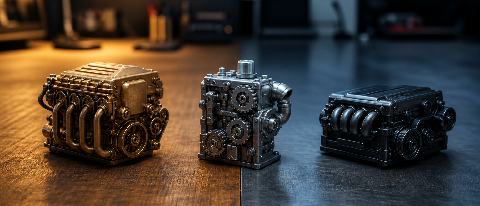 Three small model engines lined up on a workbench split between two chip platforms.