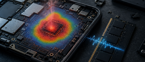 A disassembled smartphone SoC glowing red-hot beside a thermal map and a memory bandwidth chart.