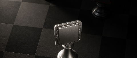 A chessboard with a single, new metallic chip piece placed aggressively forward, casting a long shadow over two established, branded chip pieces representing Qu