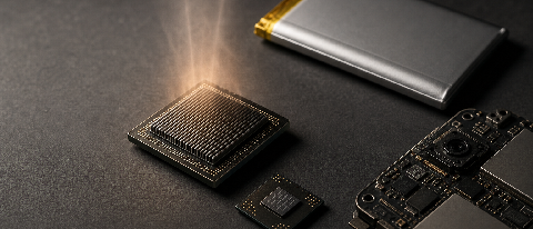 Editorial still life of a small smartphone chip on a circuit board next to a compact lithium cell, suggesting on-device AI under tight power and memory limits.