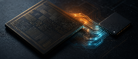 Editorial still life of a smartphone chip die with memory pathways highlighted.