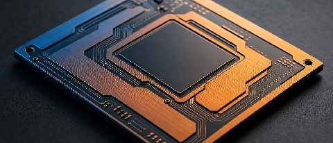 A high-tech microchip with visible heat dissipation elements, symbolizing efficient power consumption in AI agents.