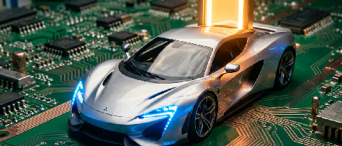 Editorial concept image of a powerful sports car stuck at a narrow toll gate on a circuit board, illustrating memory bandwidth as the real bottleneck in on-devi