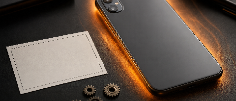 Modern smartphone resting on a warm surface with a subtle thermal aura, surrounded by conceptual energy-flow objects.