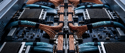 A high-tech server rack interior showing dense cabling and cooling systems representing cluster infrastructure