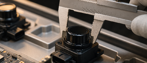 A precision caliper measuring a glossy black autonomous-driving sensor module on a conveyor belt, suggesting performance benchmarks under real conditions.