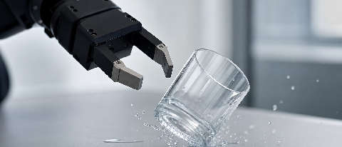 A robotic gripper slipping off a transparent glass cup on a table, with water splashing, in a lab setting.