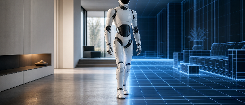A humanoid robot standing in a space where a digital wireframe grid merges with a realistic physical room.