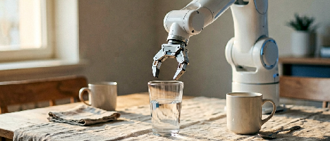 A robot hand pauses before pushing a glass on a draped table, visualizing prediction before action.