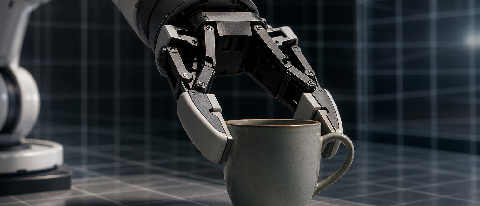 Robotic arm in high-fidelity physics simulation about to grasp a ceramic cup.