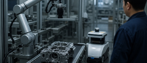 A factory inspection cell where a robotic arm examines an automotive part on a conveyor under cool industrial lighting.
