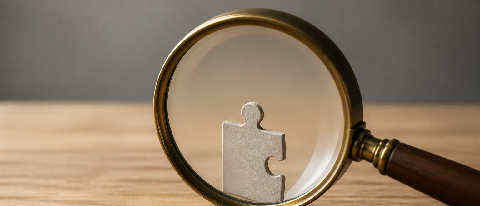 A magnifying glass inspecting a fragmented puzzle piece on a desk