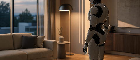 A humanoid robot standing in a softly lit modern living room, observing the arrangement of furniture.