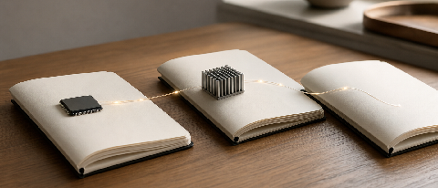 Three open notebooks on a desk with a chip model and heat sink, connected by a thin glowing thread across the pages
