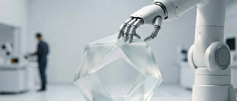 A sleek robotic arm interacting with a complex translucent geometric sculpture in a minimalist lab.