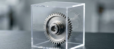 A conceptual editorial image showing a sleek, isolated mechanical component inside a transparent protective casing on a clean desk