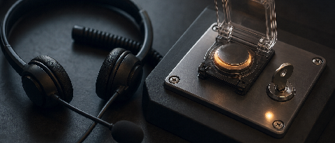 A customer-service headset beside a locked refund button on a control panel.
