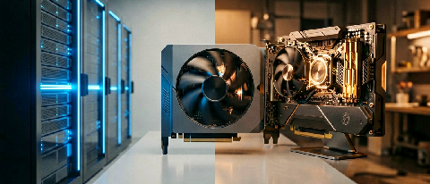 A split composition showing a compact efficient workflow node versus a complex cinematic rendering setup on a high-end graphics card.