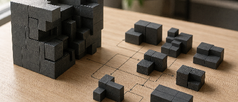 A detailed architectural model being carefully disassembled into modular components on a clean desk