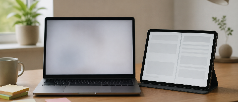 A modern developer's desk with two devices, one for quick changes and one for structured review, illustrating AI tool workflows.