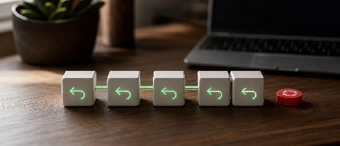 A series of small building blocks placed one at a time on a workbench, each with an undo arrow