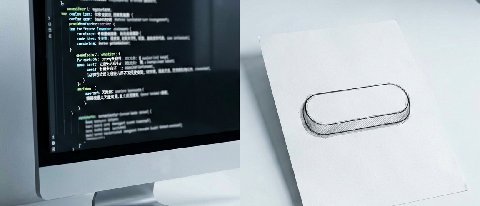 A minimalist workspace showing a computer monitor displaying abstract code lines next to a physical sketch of a UI button on paper.