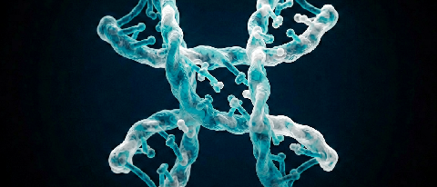 A single, intricate protein molecule structure floating in a dark, sterile void