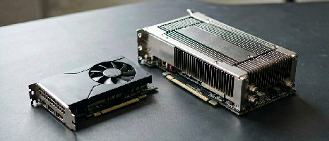 A conceptual editorial image showing a small consumer graphics card next to a larger, robust server module, highlighting the disparity in scale and capability.