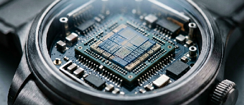 A macro shot of a highly detailed, miniature mechanical gear assembly inside a sleek smartwatch casing, symbolizing efficient edge computing.