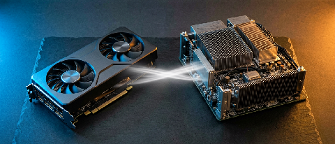 A conceptual split composition showing consumer graphics cards on one side and enterprise server modules on the other, balanced by a central abstract representa