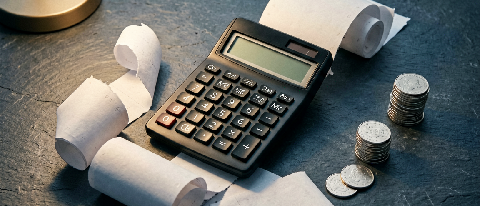 An editorial still life of a receipt emerging from a calculator, symbolizing API cost analysis.