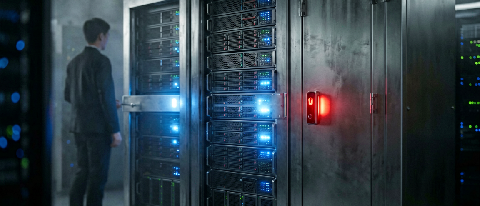 Editorial still life of a server rack divided by locked metal barriers, with glowing data compartments restricted by access levels.