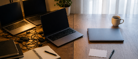 Editorial still life of two workstations side by side: one with complex multi-file code structure and data, the other with simple single-page tasks, warm direct