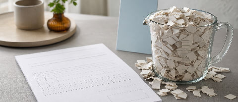 A receipt and a measuring cup on a desk beside a glowing model card, suggesting hidden token costs.