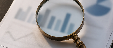 A minimalist editorial still life showing a magnifying glass inspecting a complex, fading gradient chart on a clean desk, symbolizing the scrutiny of unverified