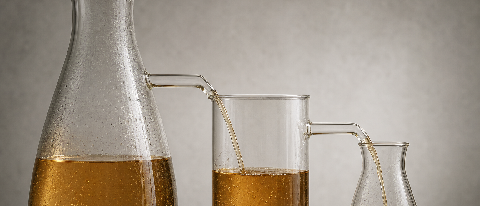 Three glass vessels of different sizes on a workbench, with liquid being poured from the largest into the two smaller ones along branching channels.
