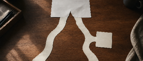 Two branching paths of thought on a desk, one smooth and linear, one pausing at a crossroads.