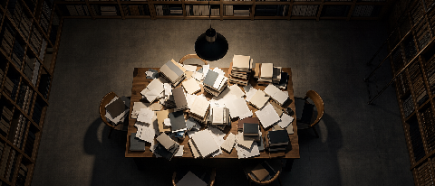 A messy table in a vast library representing information overload and task drift.