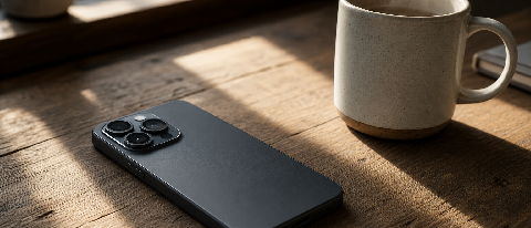 A sleek smartphone resting on a desk next to a warm cup of coffee, symbolizing the slow pace of daily life despite advanced tech.