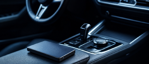 A close-up editorial shot of a modern car's dashboard with a detached, high-tech data module resting on the steering wheel, symbolizing the transfer of control 