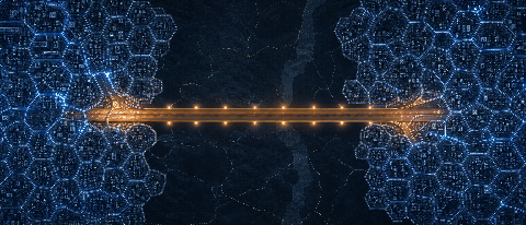 Abstract editorial image of a layered road network connecting two city grids via a highway corridor