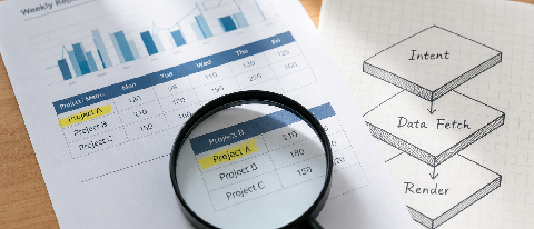 A person examining a layered technical diagram on a desk, with a weekly report printout showing partial accuracy.