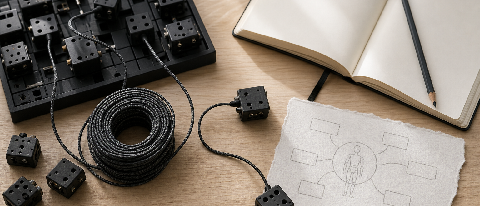 Open-source toolkit components connected by a single wire on a workbench