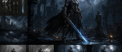 A dark fantasy warrior in detailed armor stands in a ruined courtyard, holding a glowing sword under moonlight, with cinematic lighting and particle effects.