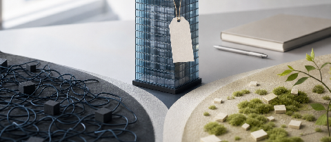 Editorial still life of a glass office tower model with a small question-mark tag, symbolizing enterprise readiness versus unverified open-source claims.