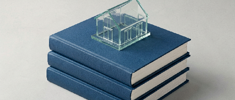 A minimalist editorial still life showing a small, fragile glass model house balanced precariously on a stack of heavy, thick legal textbooks, symbolizing the h