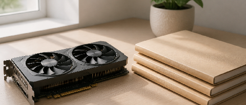 A single consumer graphics card on a clean desk beside organized folders of customer service data, symbolizing small-scale AI model fine-tuning within hardware 