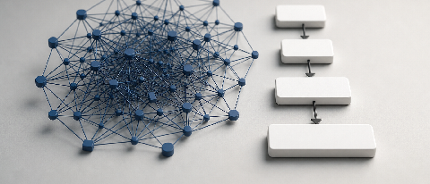 A conceptual still life comparing a complex network of nodes and lines with a simpler, linear flowchart.