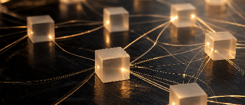 A conceptual editorial photo of frosted glass cubes connected by glowing golden threads on a dark surface.
