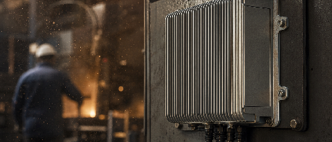 A rugged fanless industrial computing node mounted on a heavy steel production line.